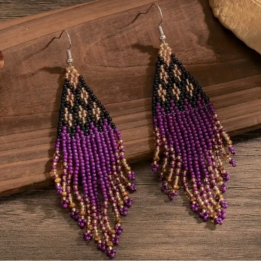 Purple & Gold Boho Seed Bead Fringe Earrings